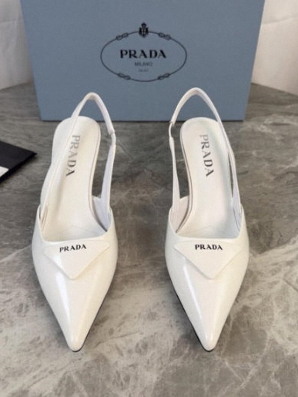 Prada White Patent Slingback Heels - Original Box Included